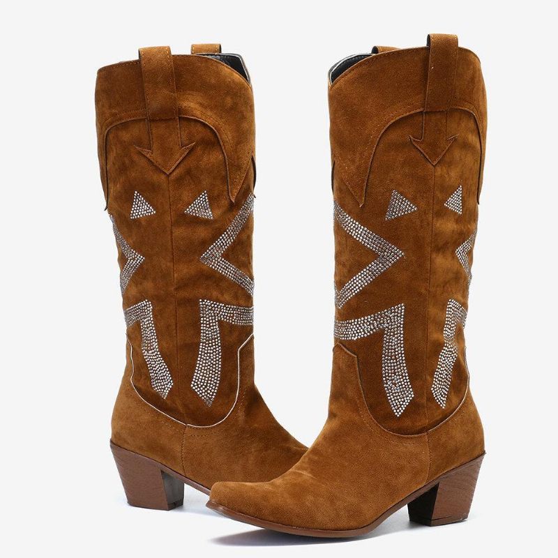 Plus Size Dame Semsket Rhinestone Chunky Heel Knee Cowboy Boots