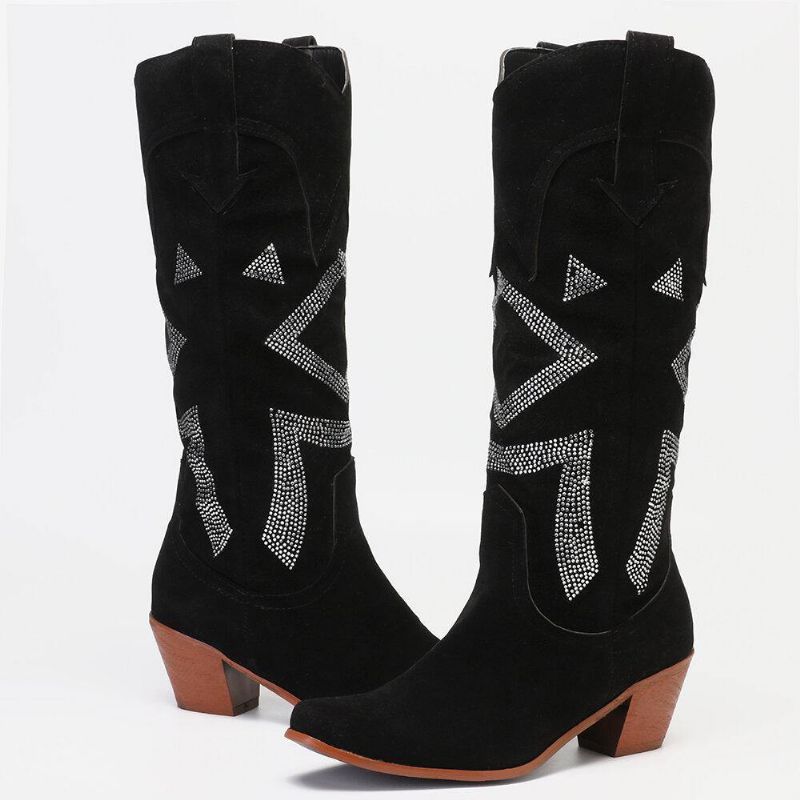 Plus Size Dame Semsket Rhinestone Chunky Heel Knee Cowboy Boots