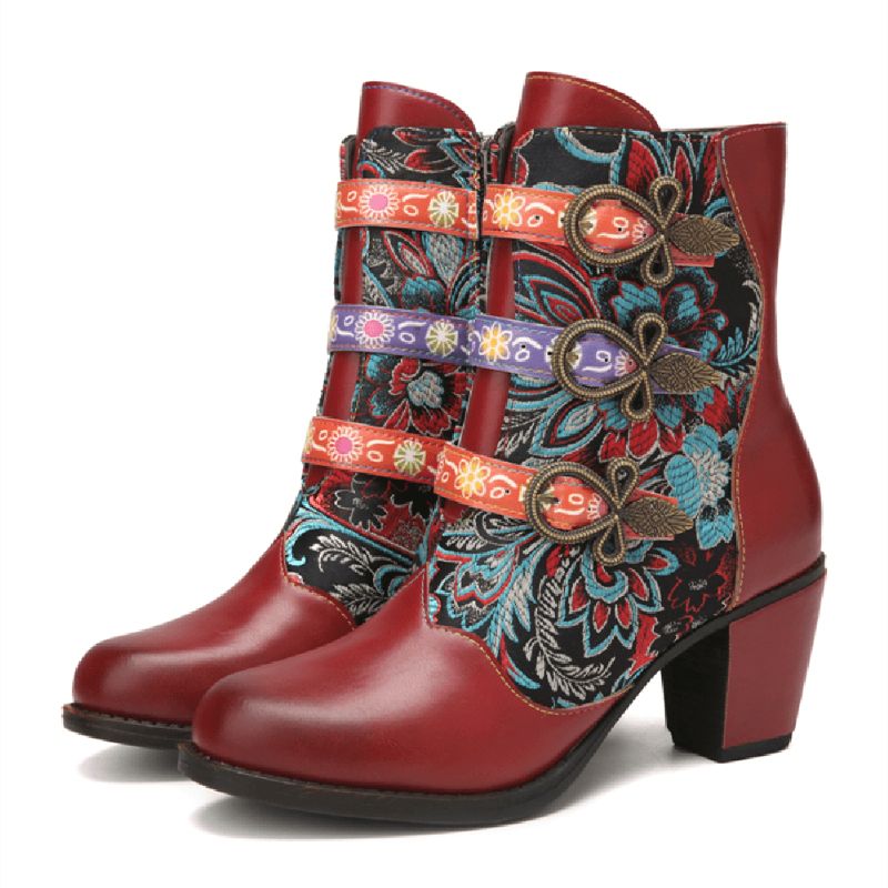 Retro Blomster Klutsøm Metallspenne Dekor Varmfôret Bærbare Chunky Heel Short Boots