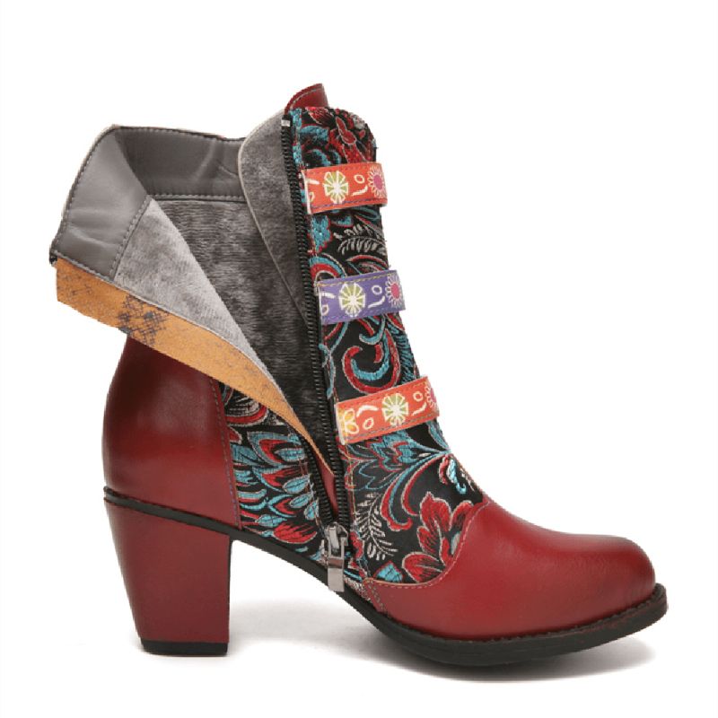 Retro Blomster Klutsøm Metallspenne Dekor Varmfôret Bærbare Chunky Heel Short Boots