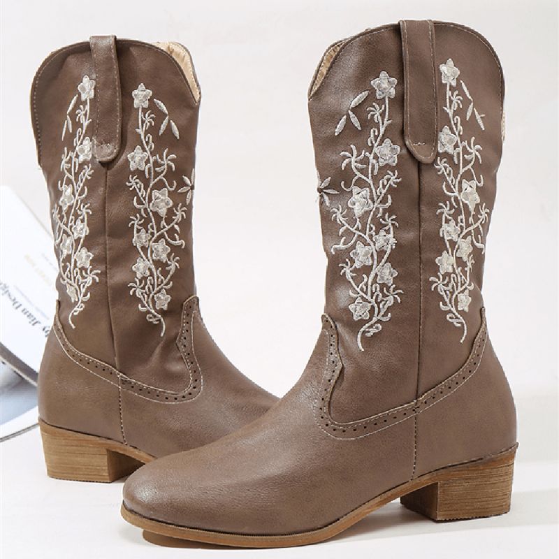 Retro Flowers Square Toe Slip On Mid-Calf Block Heel Cowboy Boots For Kvinner