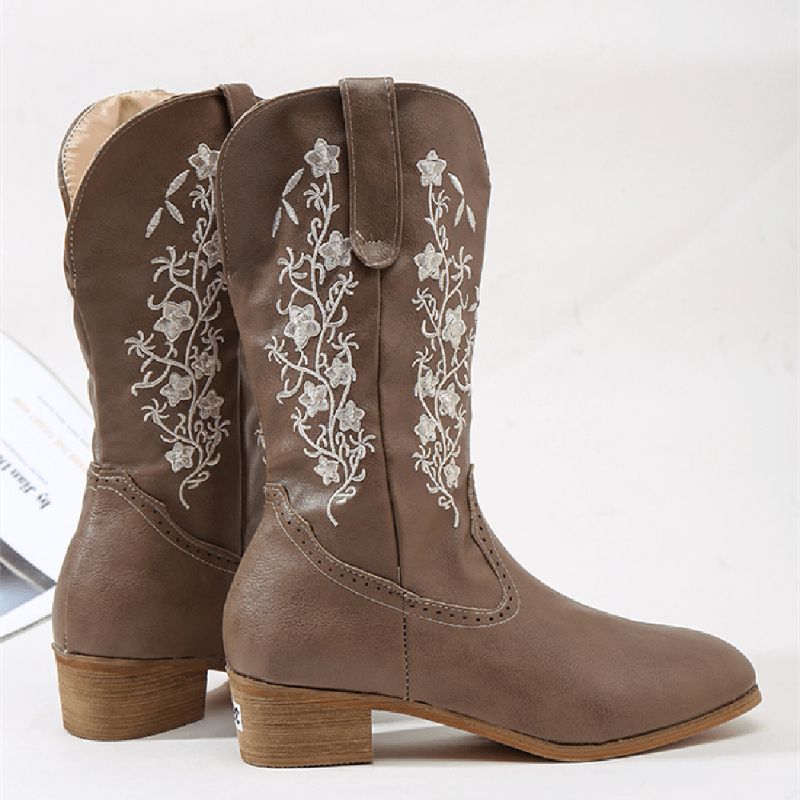 Retro Flowers Square Toe Slip On Mid-Calf Block Heel Cowboy Boots For Kvinner