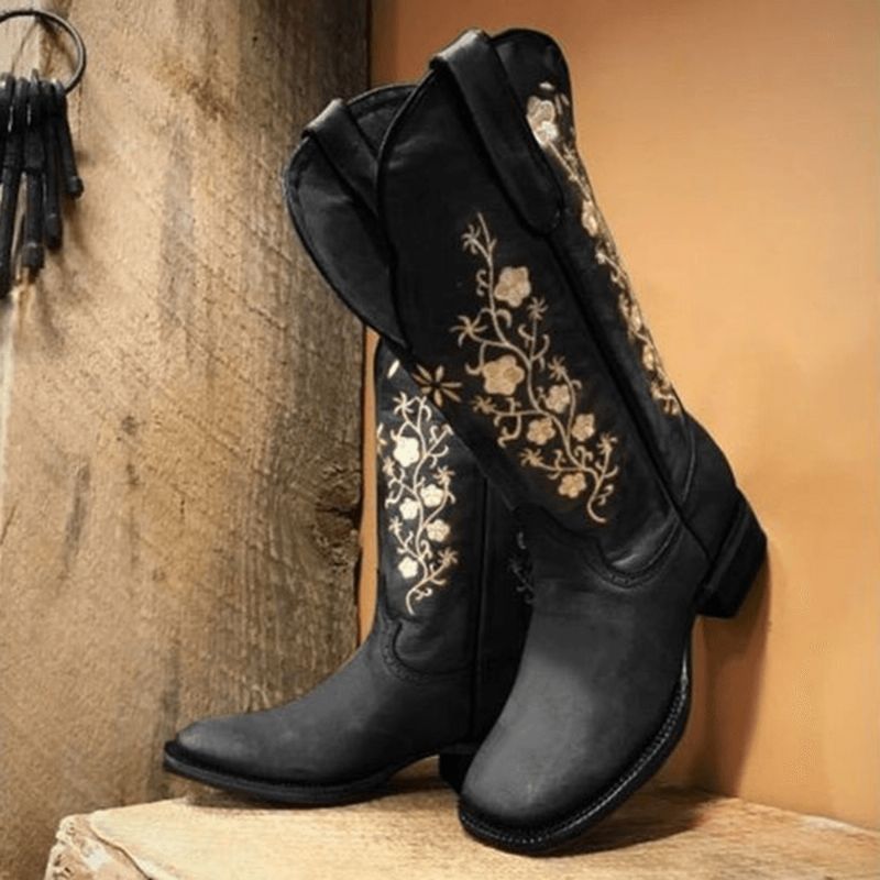 Retro Flowers Square Toe Slip On Mid-Calf Block Heel Cowboy Boots For Kvinner