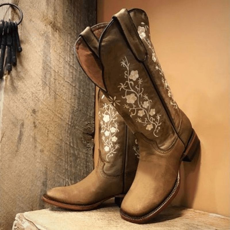 Retro Flowers Square Toe Slip On Mid-Calf Block Heel Cowboy Boots For Kvinner