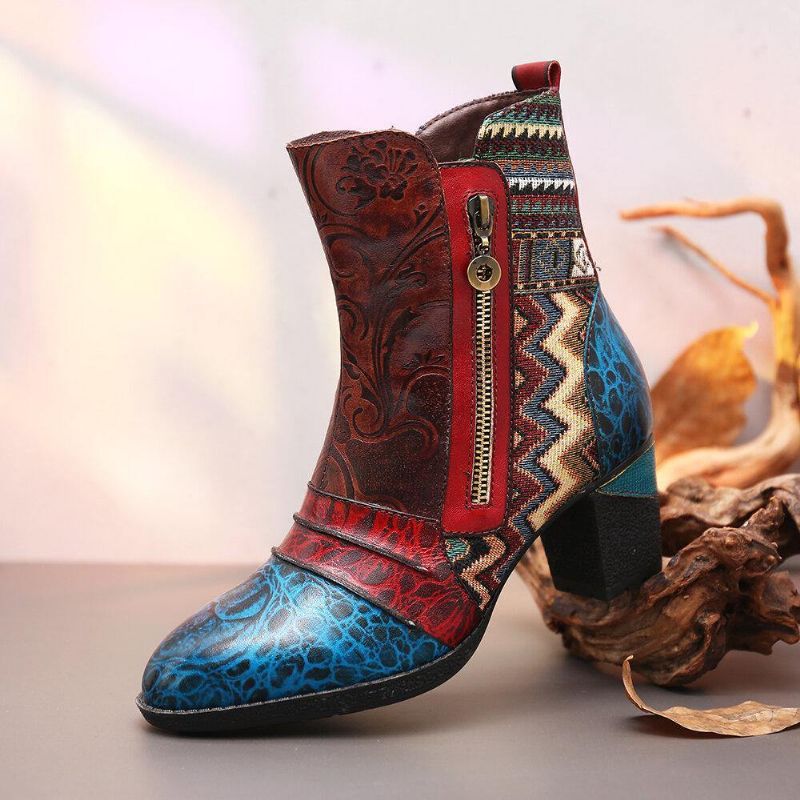 Retro Leather Embosed Flower Splicing Folkways Style Dobbel Side Glidelås Casual Boots