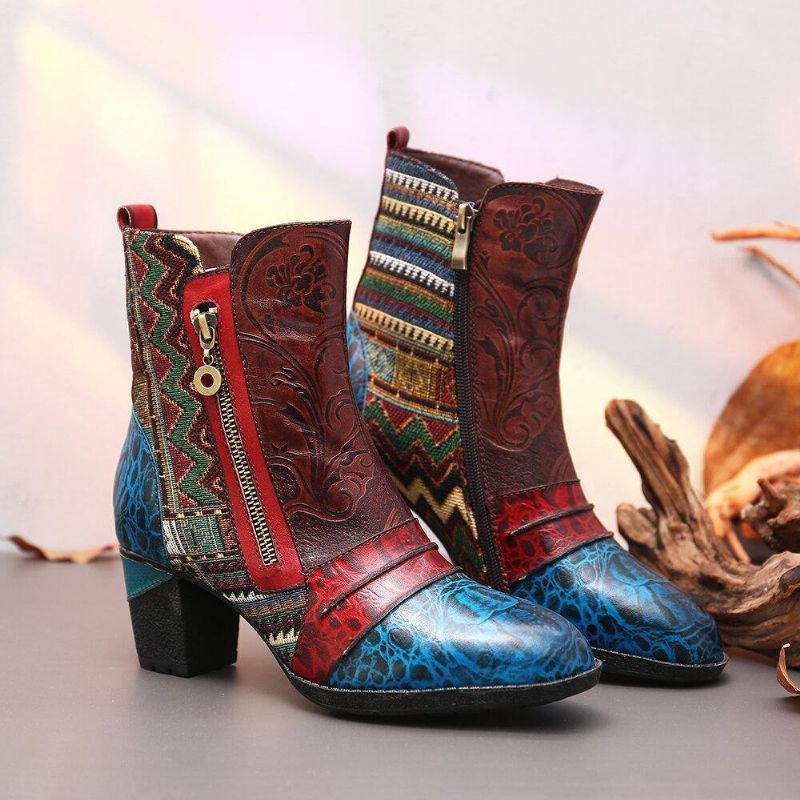 Retro Leather Embosed Flower Splicing Folkways Style Dobbel Side Glidelås Casual Boots