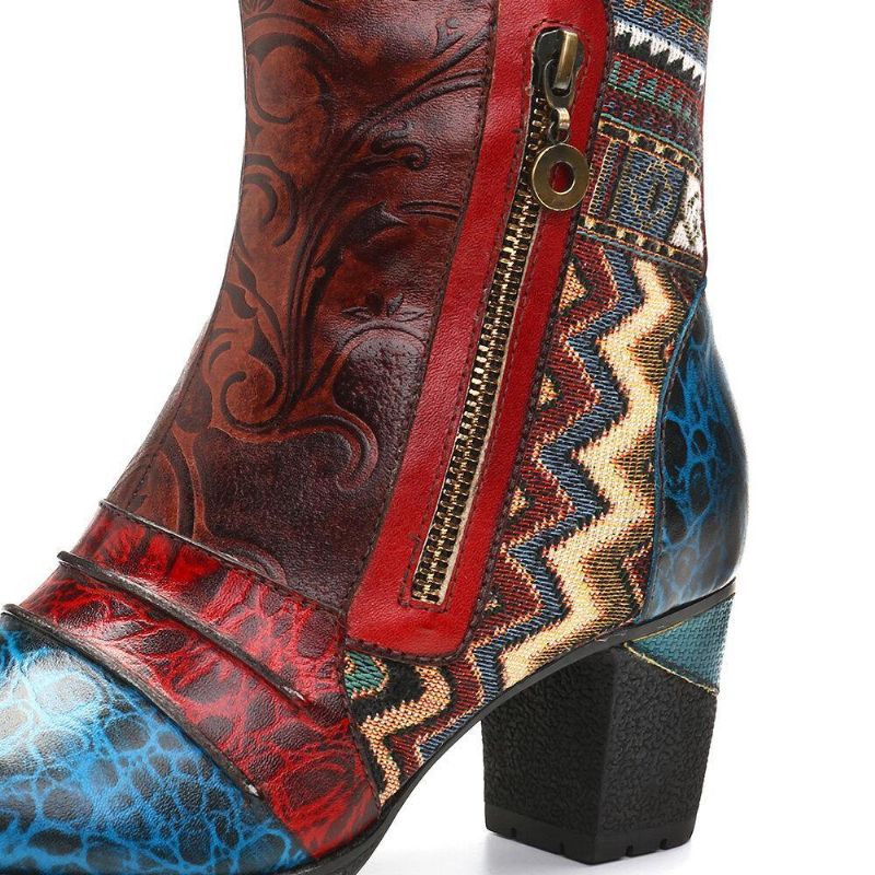 Retro Leather Embosed Flower Splicing Folkways Style Dobbel Side Glidelås Casual Boots