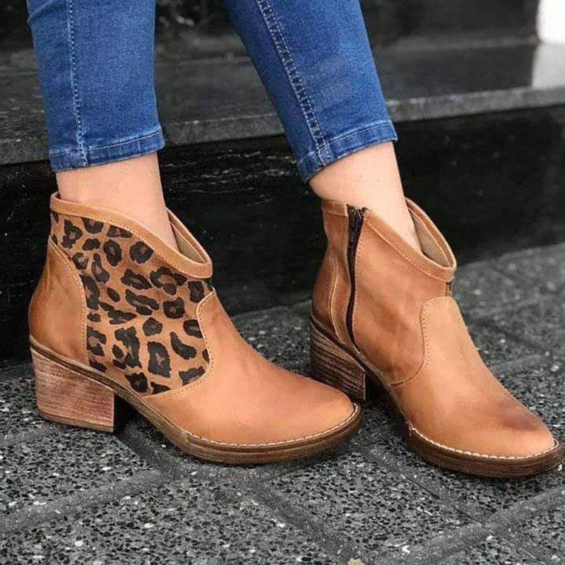 Uformell Skjøting Leopard Sideglidelås Chunky Heel Cowboy Ankelstøvler For Kvinner