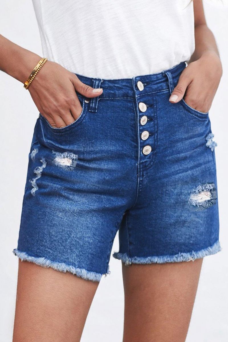 Denimshorts Med Knepping Og Frynsete