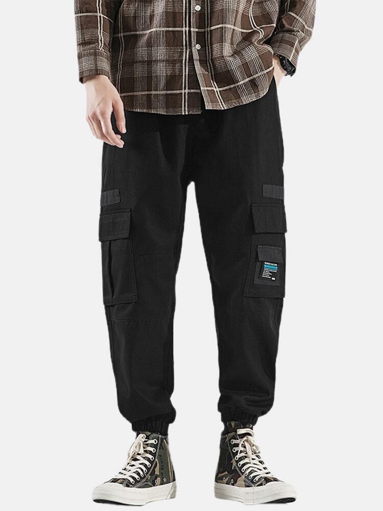 Herre Multi Pocket Applique Elastisk Ankel Snøring Cargo Jogger Pants