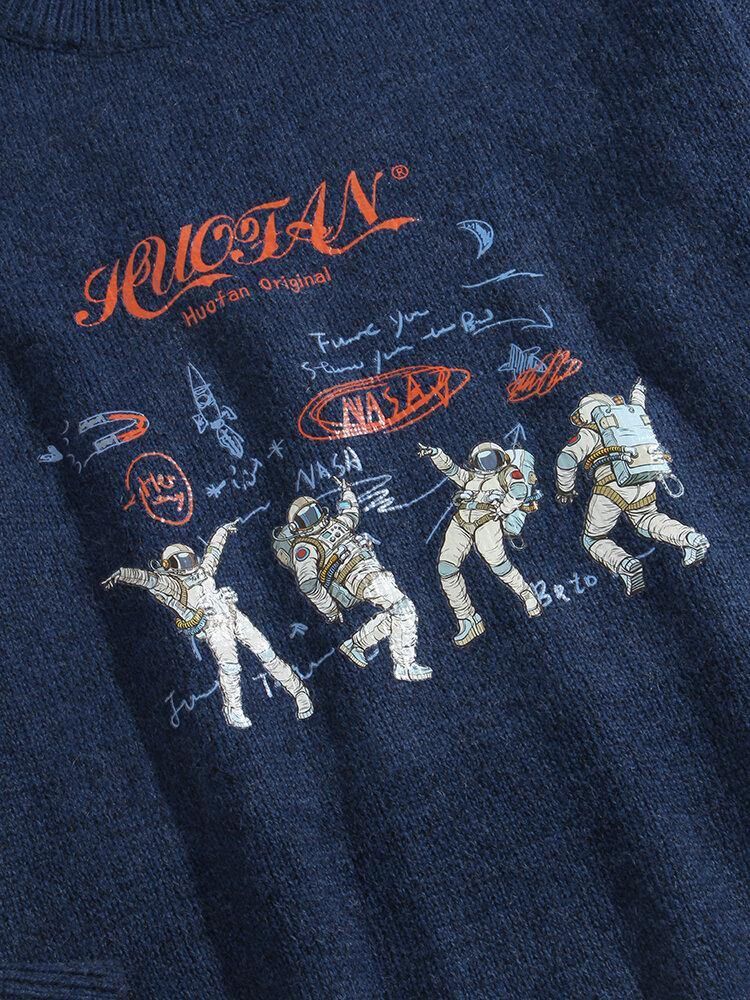 Astronaut Brevtrykk For Menn Med Rund Hals Strikkede Uformelle Pullover-Gensere