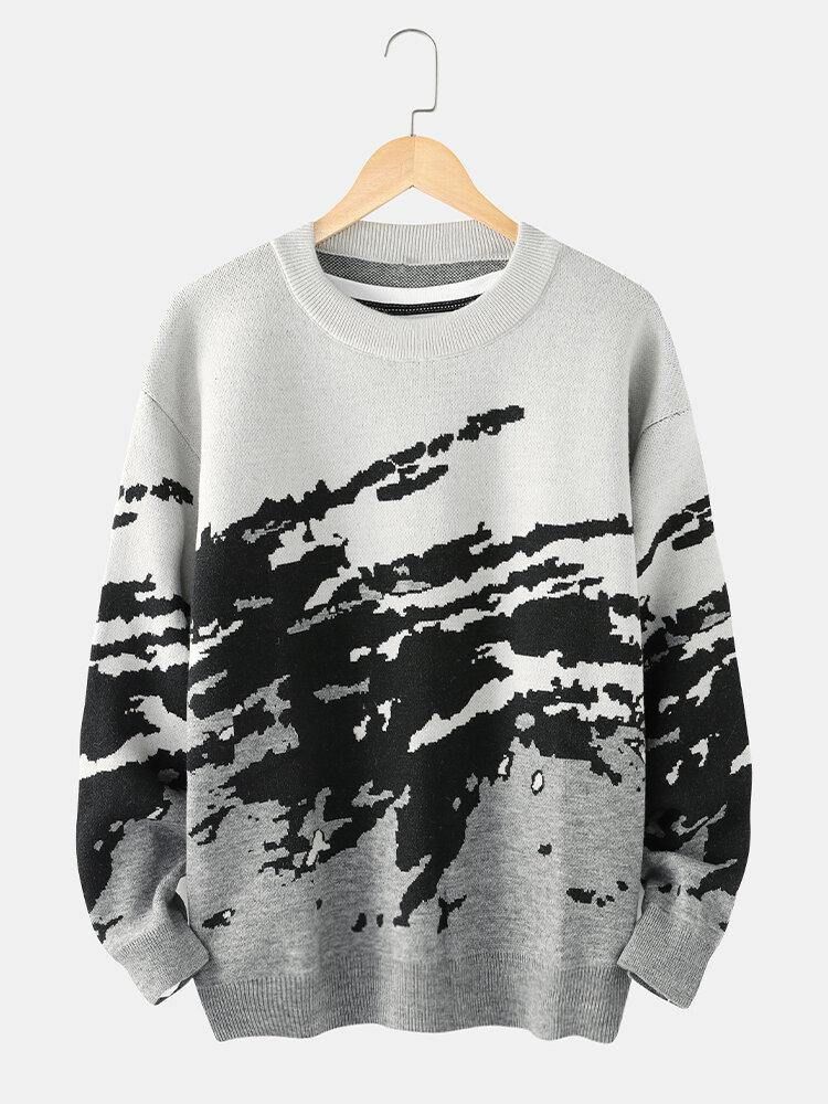 Menns Ribbestrikkede Mønster Drop Shoulder Casual Pullover-Gensere