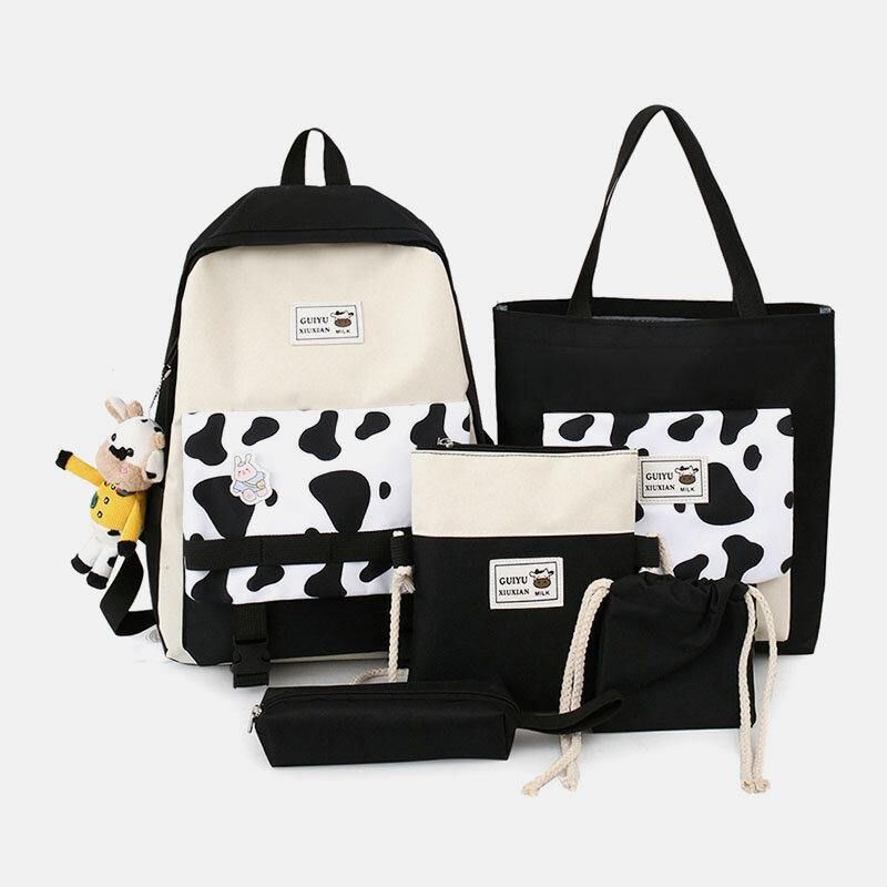 5 Stk Canvas Preppy Cow Pattern Multifunksjon Combination Bag Ryggsekk Tote Crossbody Bag Clutch Lommebok