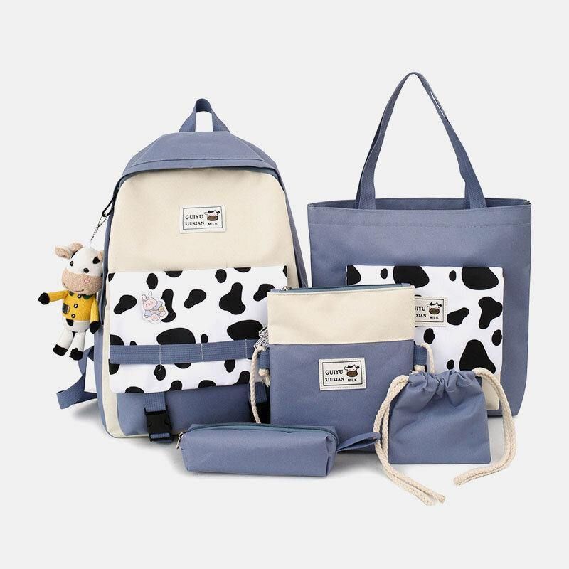 5 Stk Canvas Preppy Cow Pattern Multifunksjon Combination Bag Ryggsekk Tote Crossbody Bag Clutch Lommebok