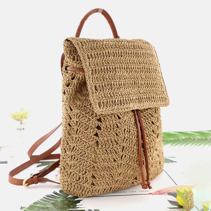 Dame Mori Series String Straw Bag Dual-Use Woven Bag Retro Beach Bag Ryggsekk