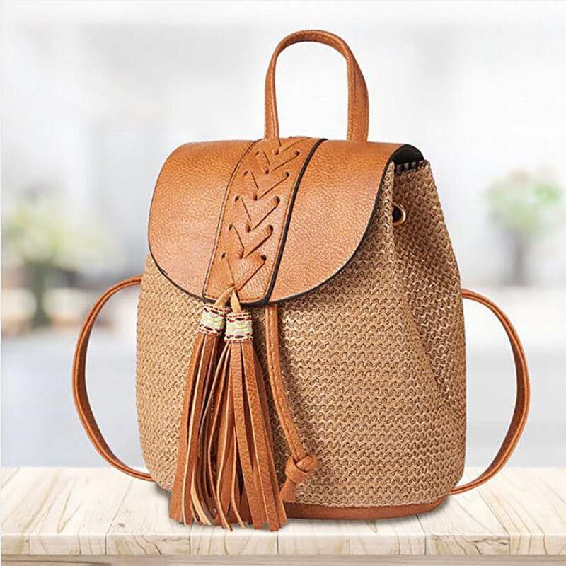 Kvinner Tassel Straw Bag Retro Beach Bag Ryggsekk Bucket Bag