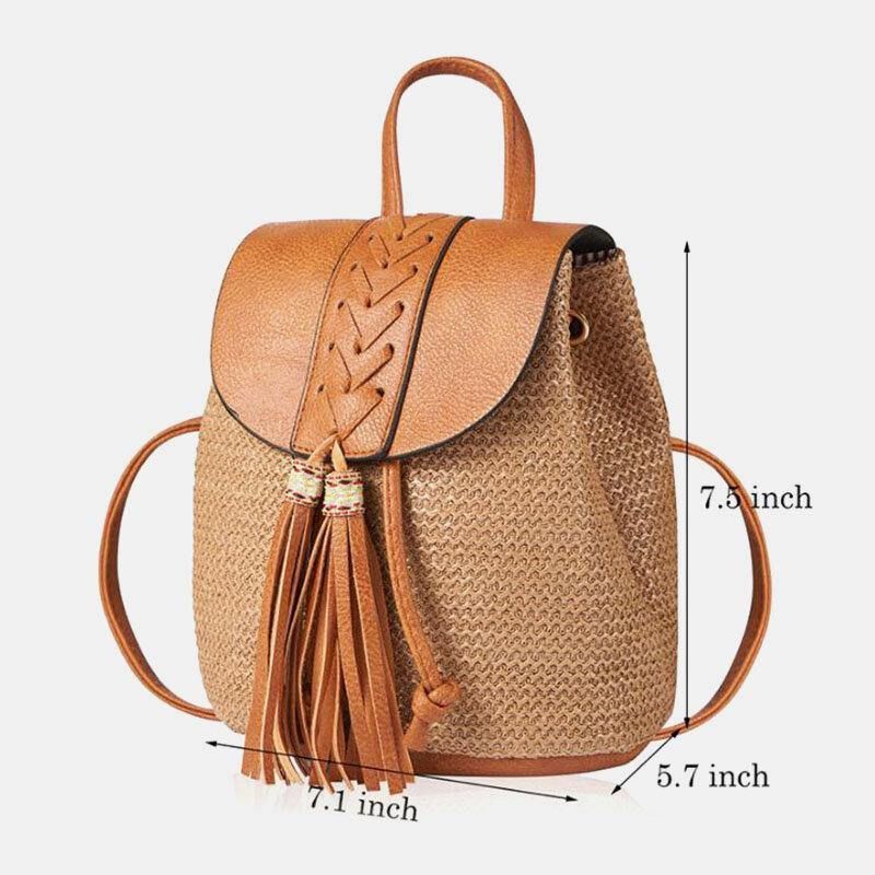 Kvinner Tassel Straw Bag Retro Beach Bag Ryggsekk Bucket Bag