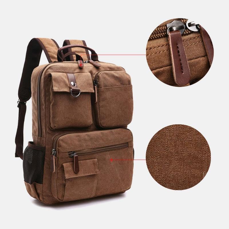 Menn Canvas Stor Kapasitet Multi-Pocket Anti-Theft Casual Travel Bag Dataveske Ryggsekker