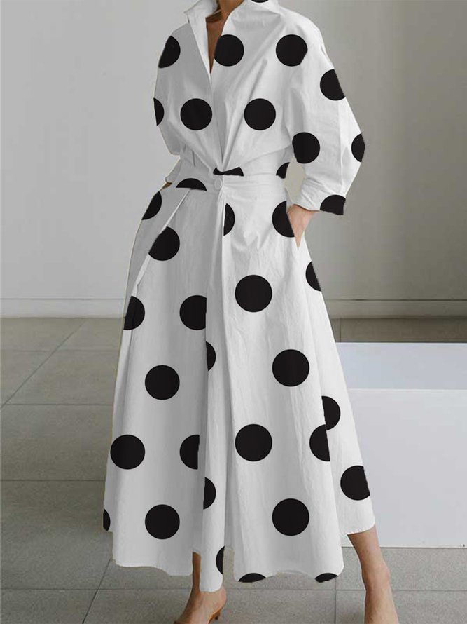 Elegant Skjortekrage Polka Dots Lommer Midi-Kjole