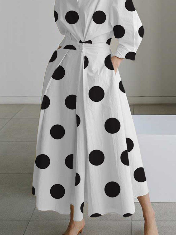 Elegant Skjortekrage Polka Dots Lommer Midi-Kjole