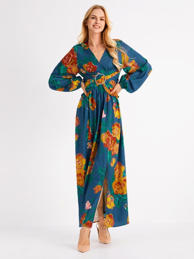 Ferie Langermet Floral V-Hals Regular Fit Maxi Dress