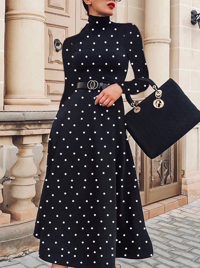 Regular Fit Elegant Polka Dots Langermet Midi-Kjole