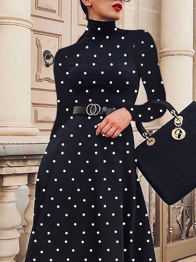 Regular Fit Elegant Polka Dots Langermet Midi-Kjole