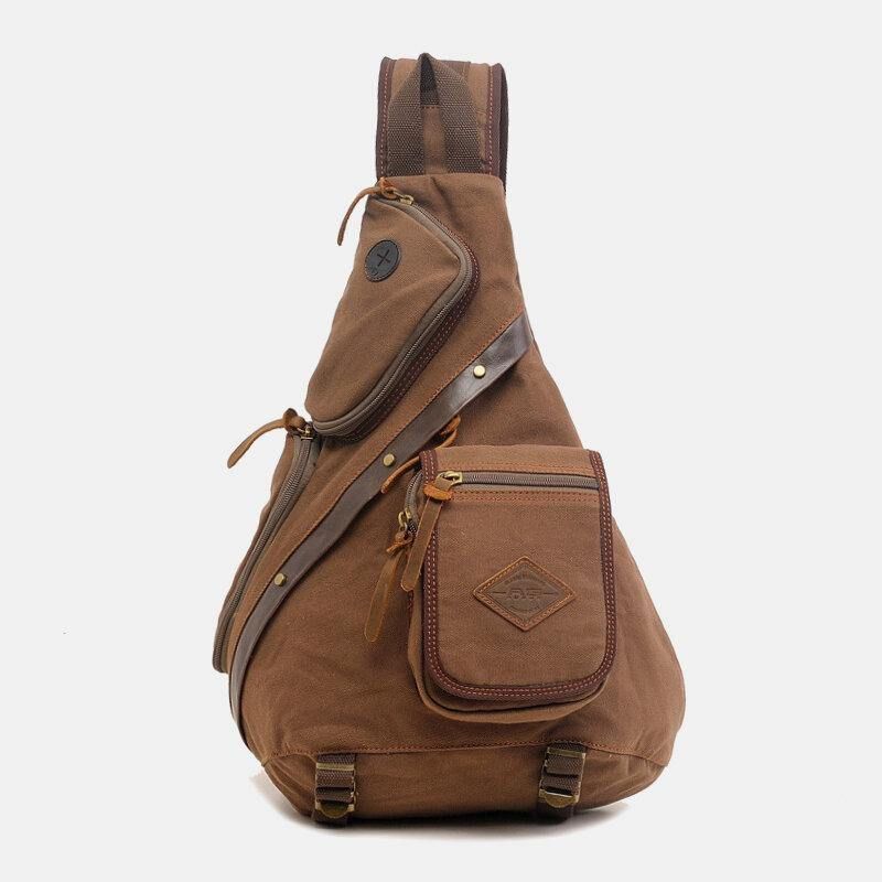 Menn Ekte Lær Og Lerret Reiser Utendørs Bæreveske Multi-Pocket Crossbody Bag Brystveske