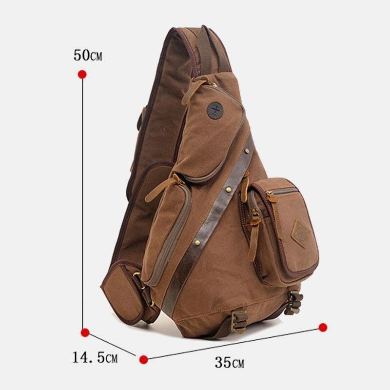 Menn Ekte Lær Og Lerret Reiser Utendørs Bæreveske Multi-Pocket Crossbody Bag Brystveske