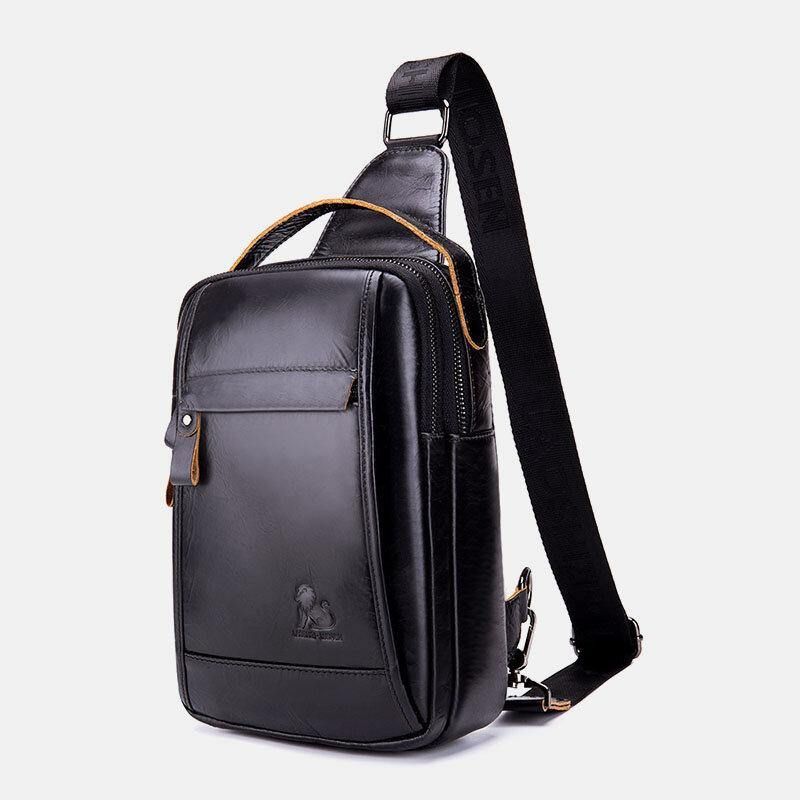 Menn Ekte Skinn Retro Business Casual Ensfarget Skinn Skulderveske Crossbody Bag Brystveske