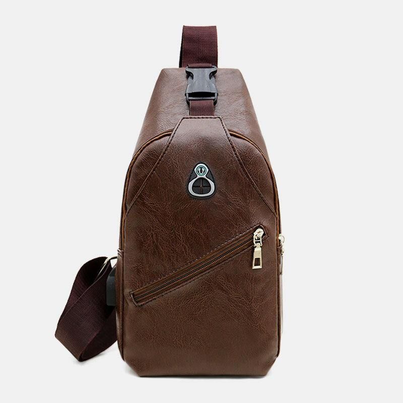 Menn Faux Leather Usb Lading Øretelefon Reise Retro Business Brystveske Crossbody Bag