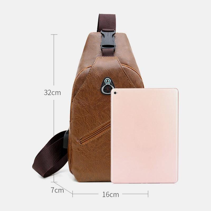 Menn Faux Leather Usb Lading Øretelefon Reise Retro Business Brystveske Crossbody Bag