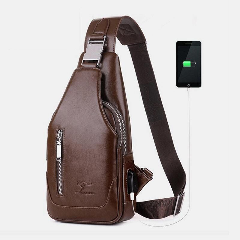 Menn Pu-Skinn Business Casual Utendørs Vanntett Multi-Bære Skulderveske Crossbody Bag Brystveske Med Usb-Lading