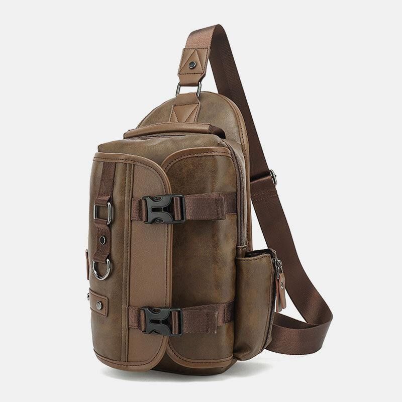 Menn Pu-Skinn Vintage Multifunksjons Øretelefonhull Usb-Lading Crossbody Bag Brystveske Sling Bag