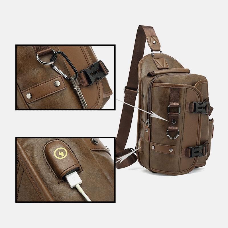 Menn Pu-Skinn Vintage Multifunksjons Øretelefonhull Usb-Lading Crossbody Bag Brystveske Sling Bag