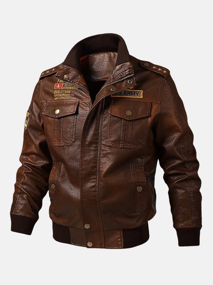 Herre Pu Leather Badge Zip Front Biker-Jakker Med Klafflommer