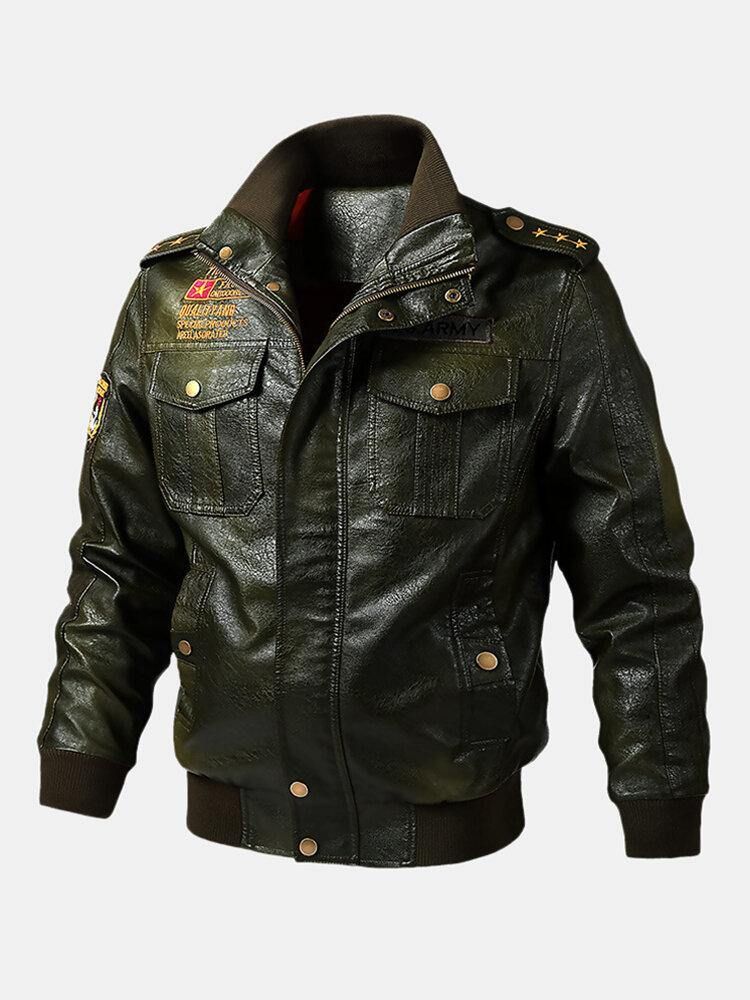 Herre Pu Leather Badge Zip Front Biker-Jakker Med Klafflommer