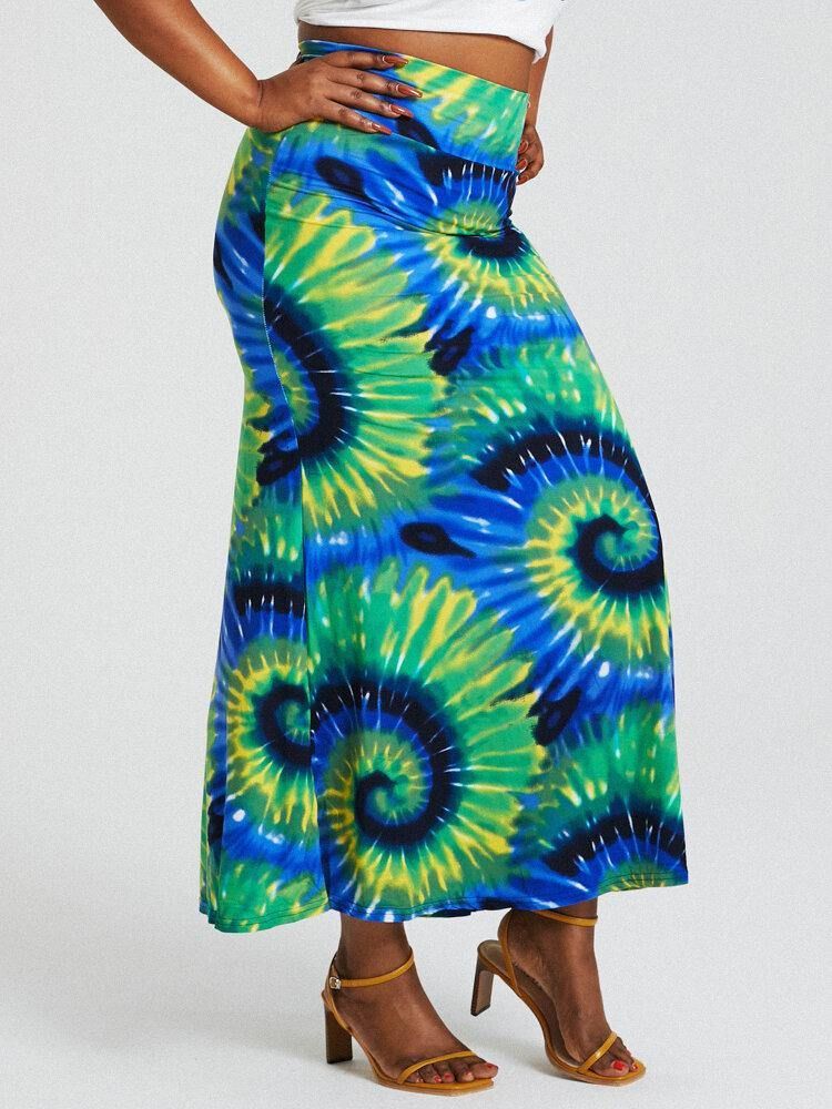 Bohemia Tie Dye Print Høy Midje Rumpe Bodycon Langt Skjørt