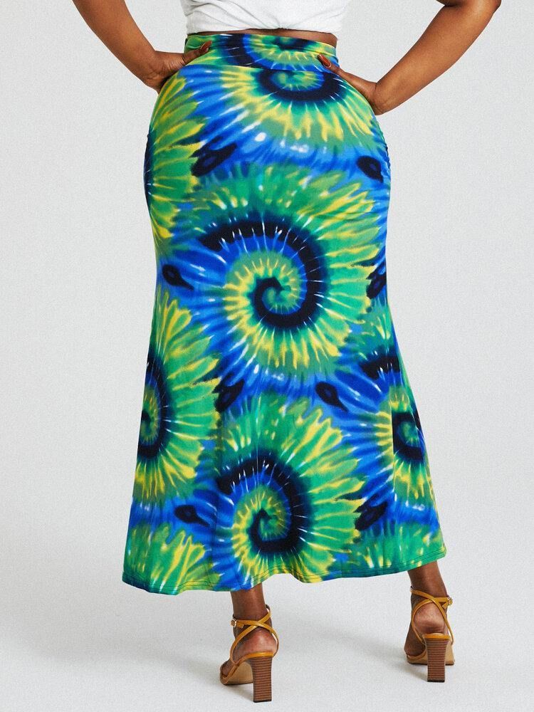 Bohemia Tie Dye Print Høy Midje Rumpe Bodycon Langt Skjørt