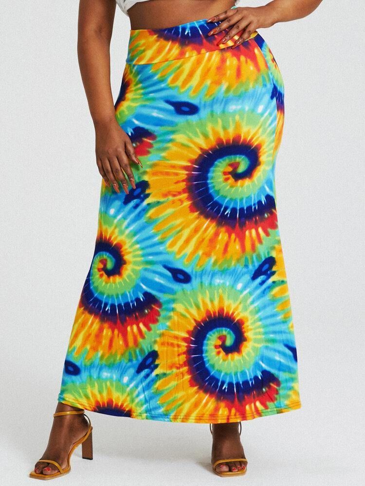 Bohemia Tie Dye Print Høy Midje Rumpe Bodycon Langt Skjørt