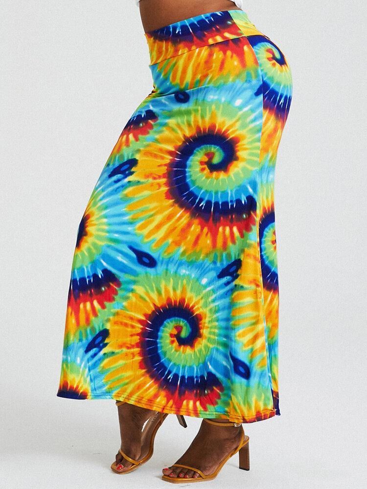 Bohemia Tie Dye Print Høy Midje Rumpe Bodycon Langt Skjørt