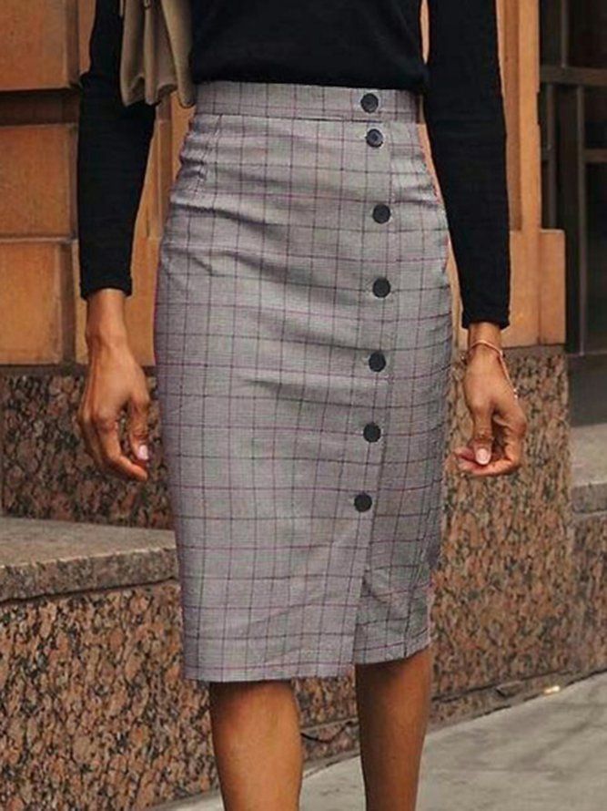 Elegant Regular Fit Grid Midi-Skjørt