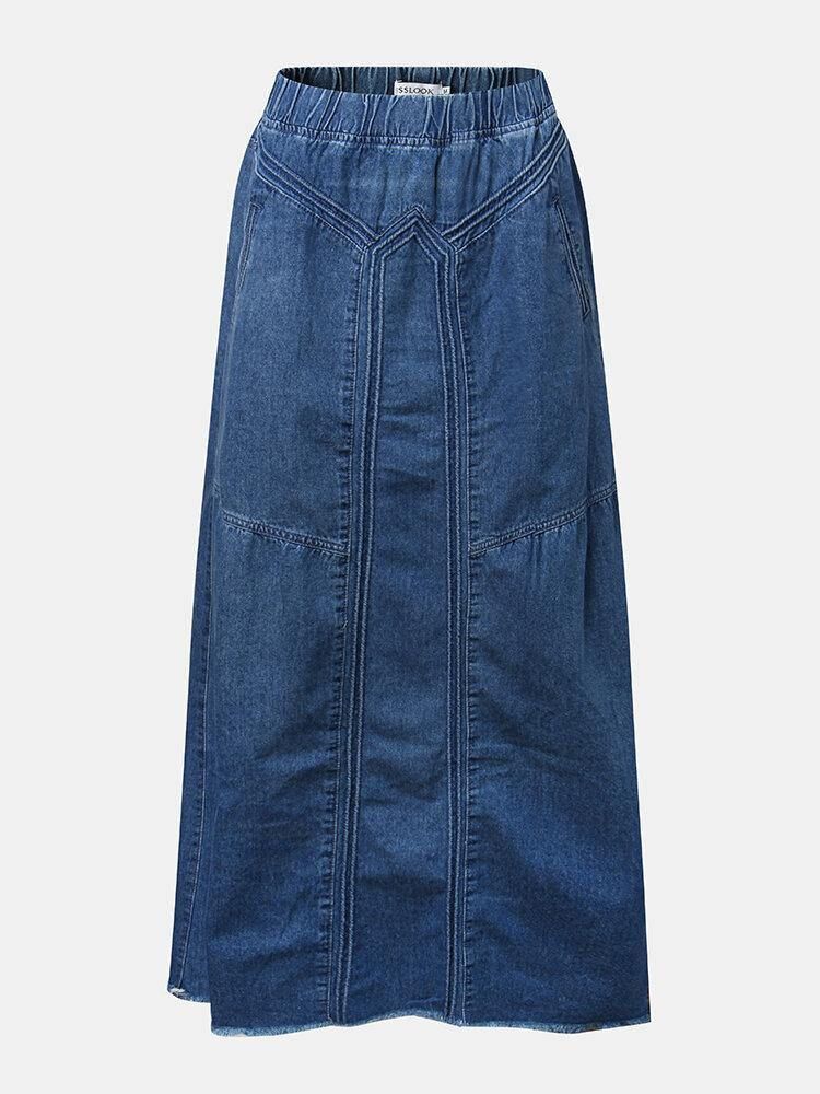 Kvinner Distressed Ensfarget Elastisk Midje Løst Denimskjørt Med Lomme