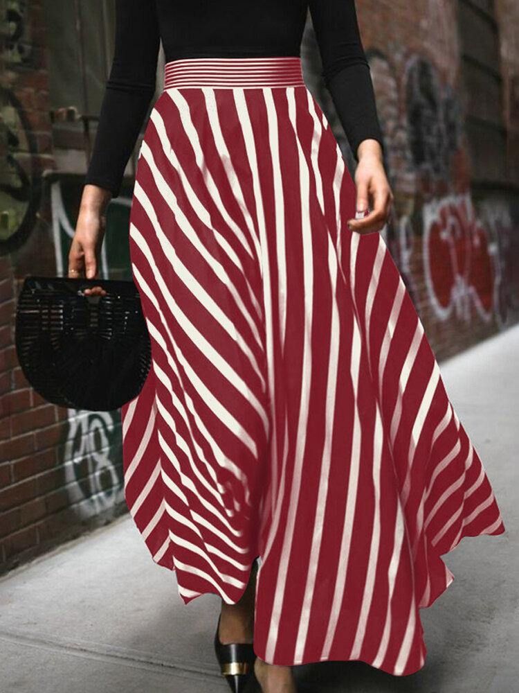 Stripe Print Elastisk Midje Rygg Glidelås Fritid Maxi-Skjørt