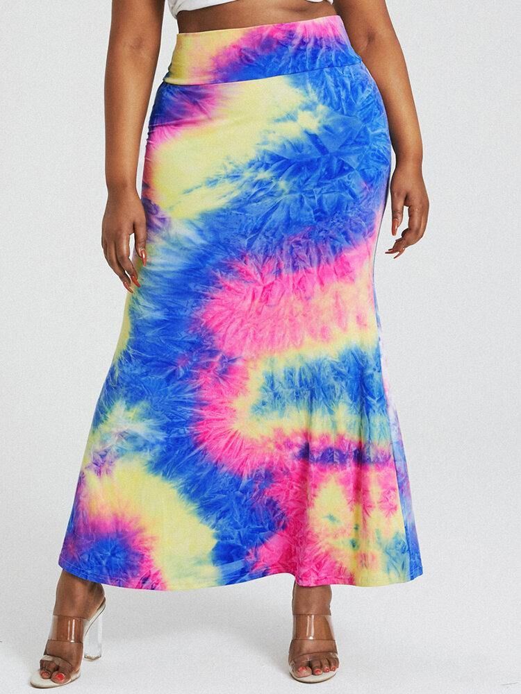 Tie Dye Print Høy Midje Rumpe Bodycon Langt Skjørt