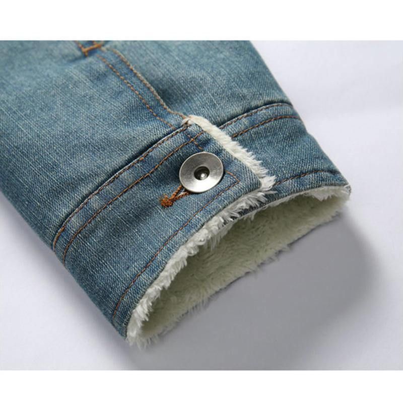 Herremote 100 % Bomullslommer Denim Fleece Fortykket Standkrage Fritidsjakke