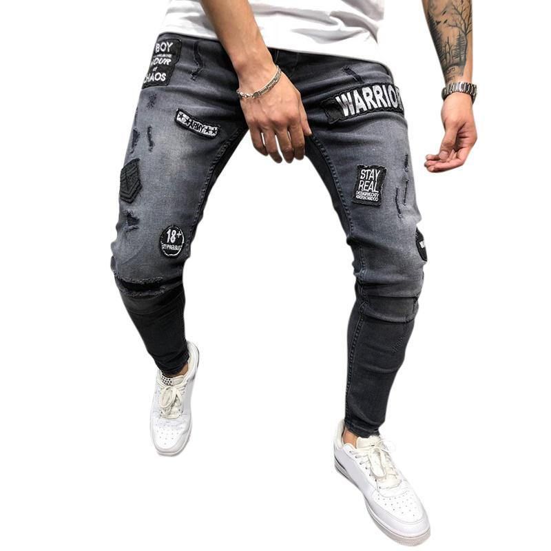 Herremote Bomull Mellom Midje Patchwork Jeans Dongeribukser