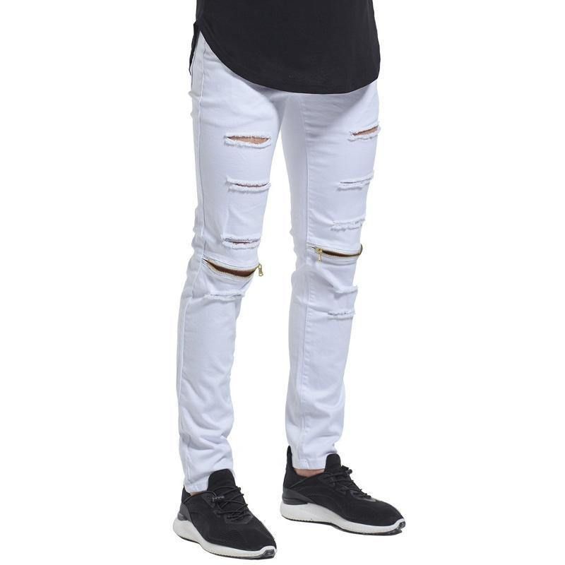 Skinny Hip Hop Rippede Knee Zipper Jeans