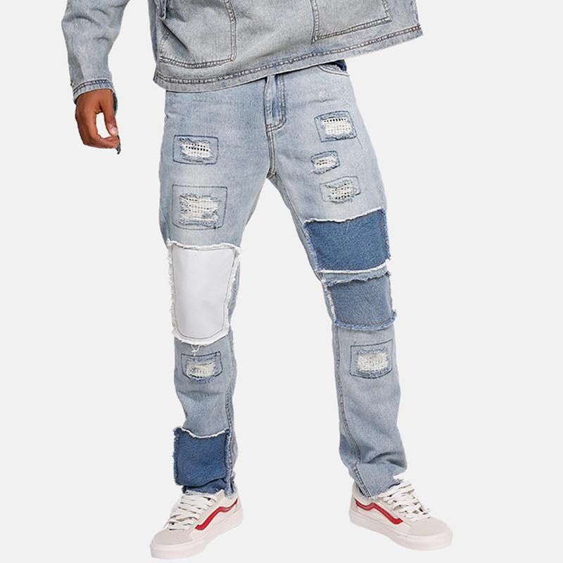 Stilig Patchwork Hip-Hop Blå Vaskede Designerjeans