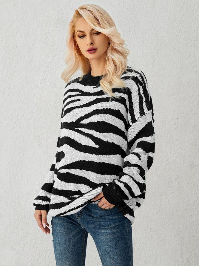 Hvit Zebra Strikket Casual Genser